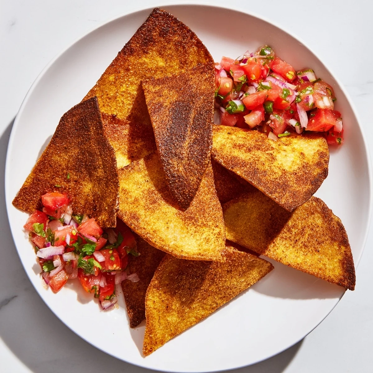 Air-Fryer Tortilla Chips served with a vibrant homemade salsa, perfect for dipping and snacking.