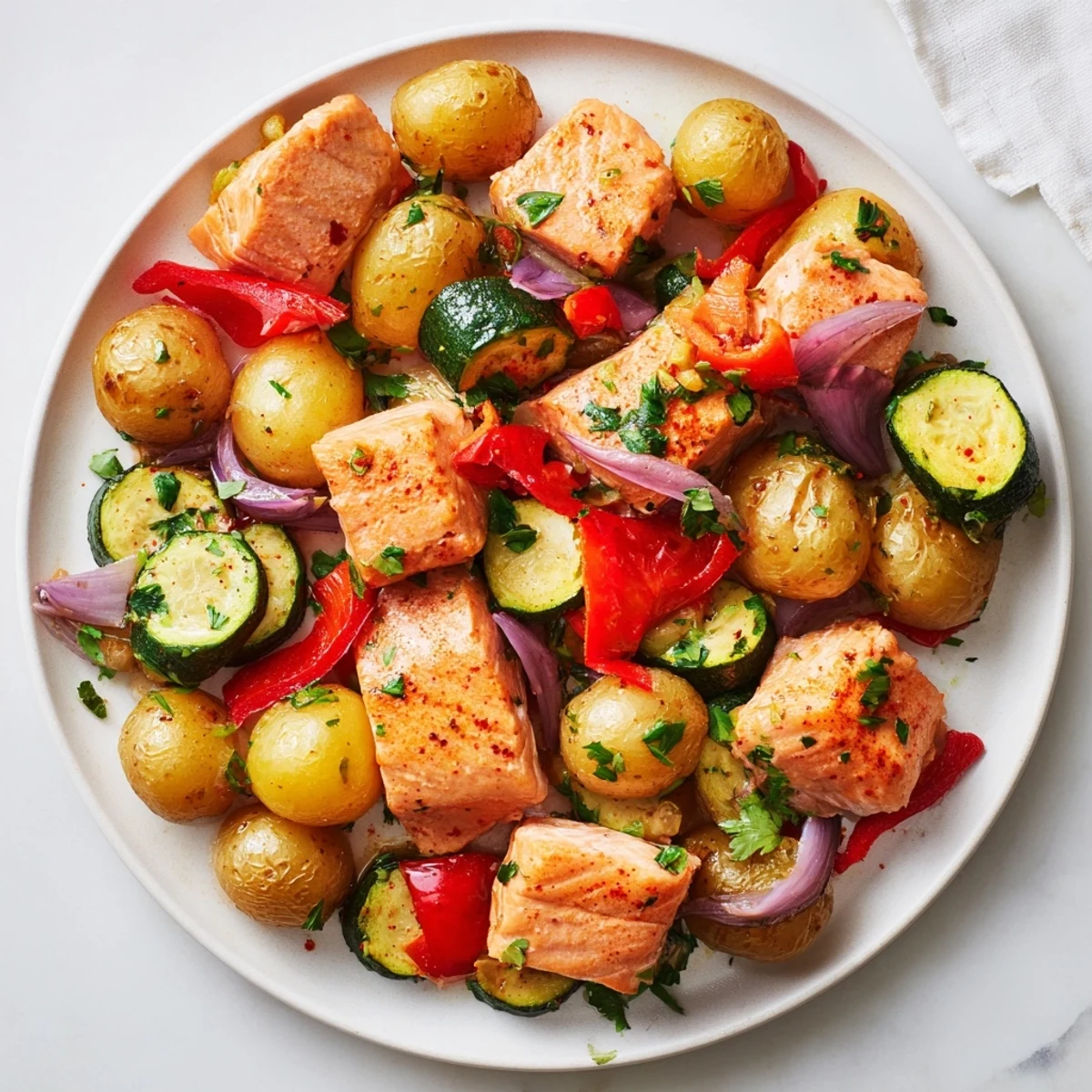 Vibrant, colorful vegetables surround perfectly cooked Salmon & Potato Skillet, ready to enjoy with a squeeze of lemon.