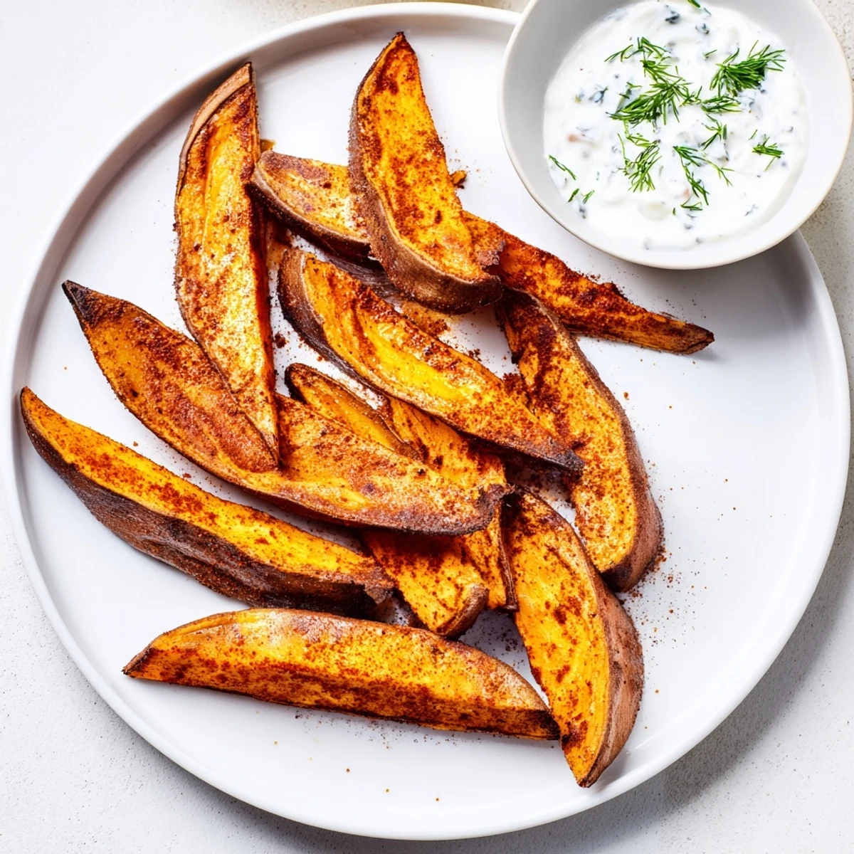 Golden, crispy roasted sweet potato wedges served alongside a cool, creamy yogurt dip.