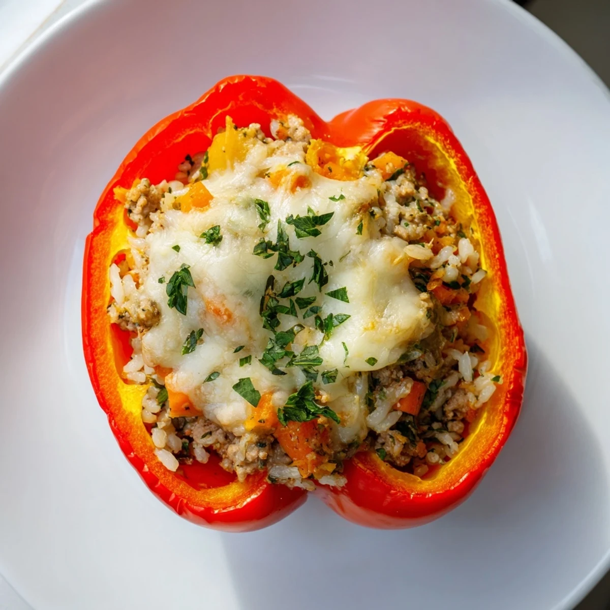 Delicious baked stuffed peppers with bubbling cheese, showcasing the vibrant filling and colorful peppers.
