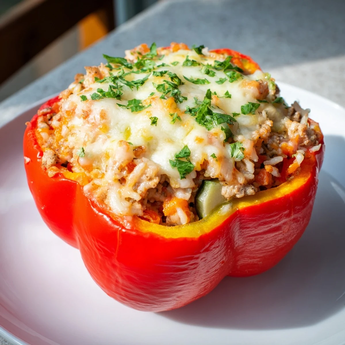 Steaming hot stuffed peppers bursting with seasoned ground turkey and fluffy rice ready to serve.
