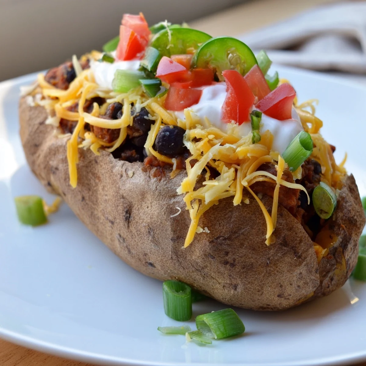 Golden brown Loaded Baked Potato featuring savory chili, melted cheese and fresh toppings, ready to enjoy.