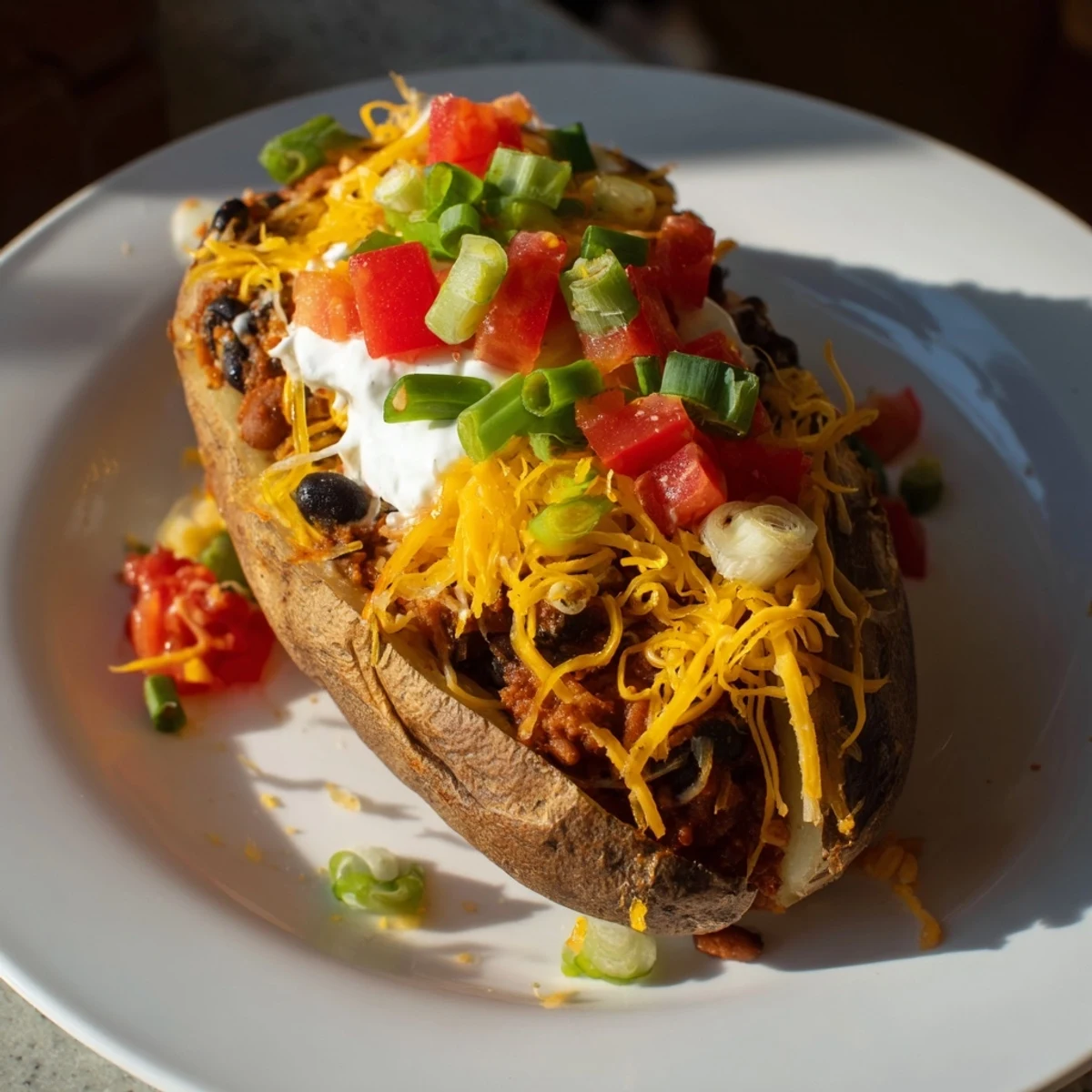 Steaming hot Loaded Baked Potato oozing with cheddar, chili and black beans, a truly satisfying meal.