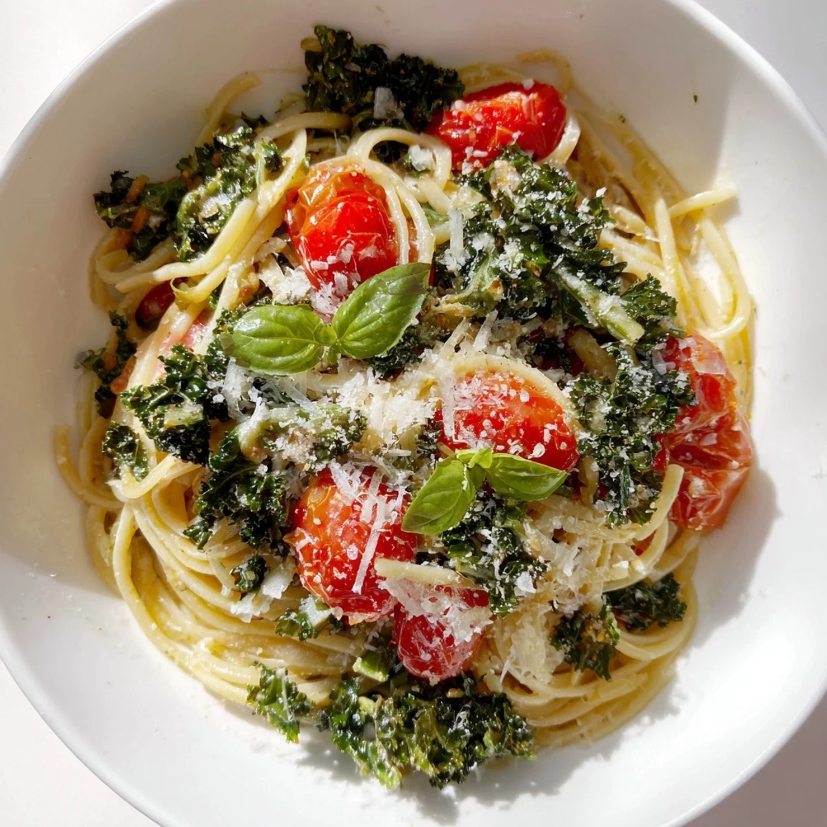 A close-up of a colorful, delicious one-pot spaghetti dish, filled with fresh kale and tomatoes.