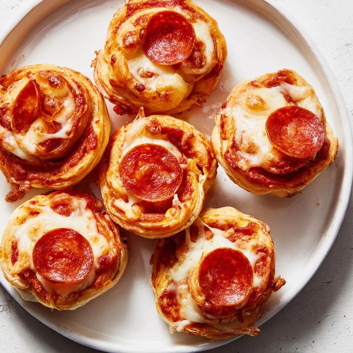 Mini Pepperoni Pizza Pinwheels: Baked golden, showcasing a fresh, cheesy appetizer with crispy pepperoni.