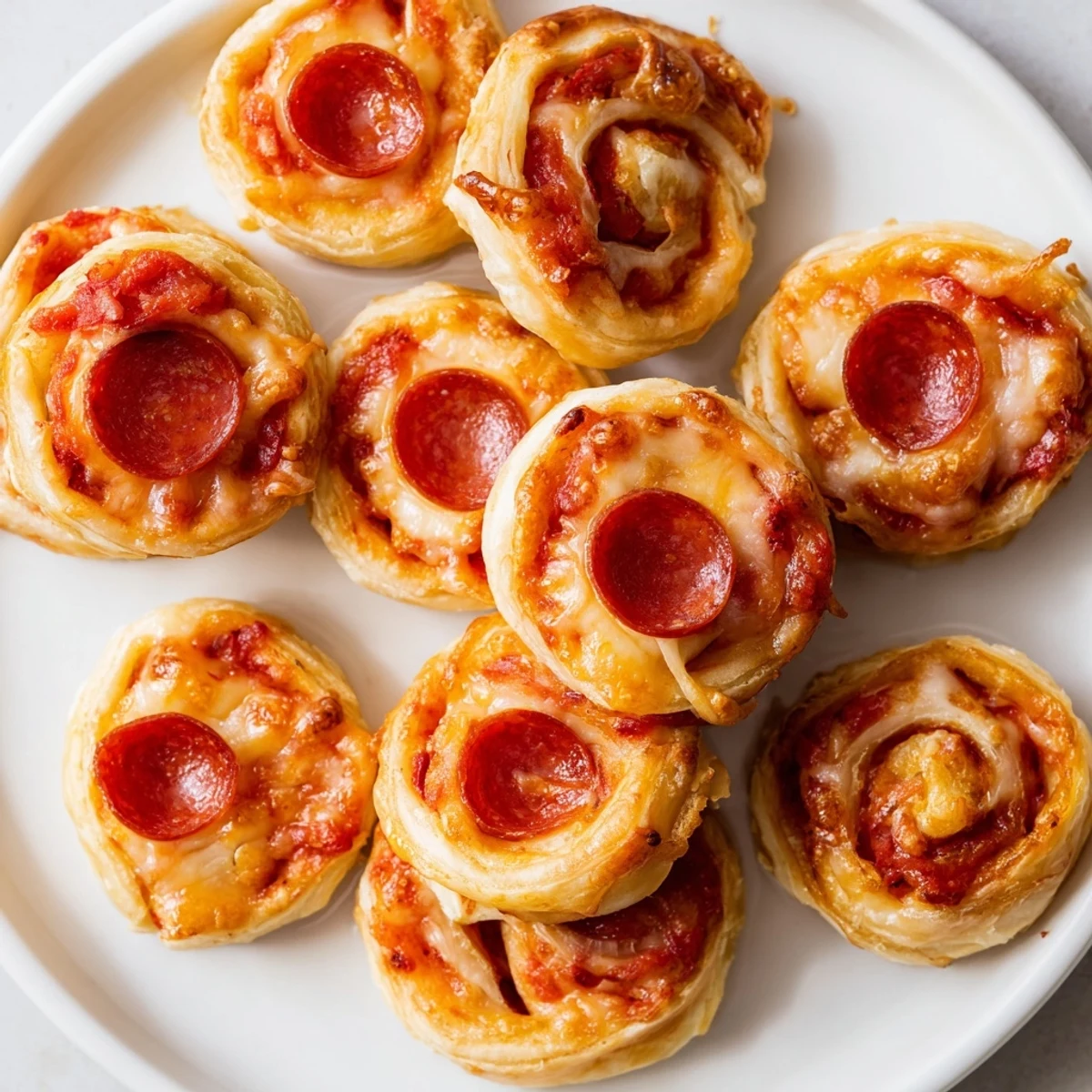 Delicious, bite-sized Mini Pepperoni Pizza Pinwheels ready to eat, with a flaky crust holding pepperoni goodness.