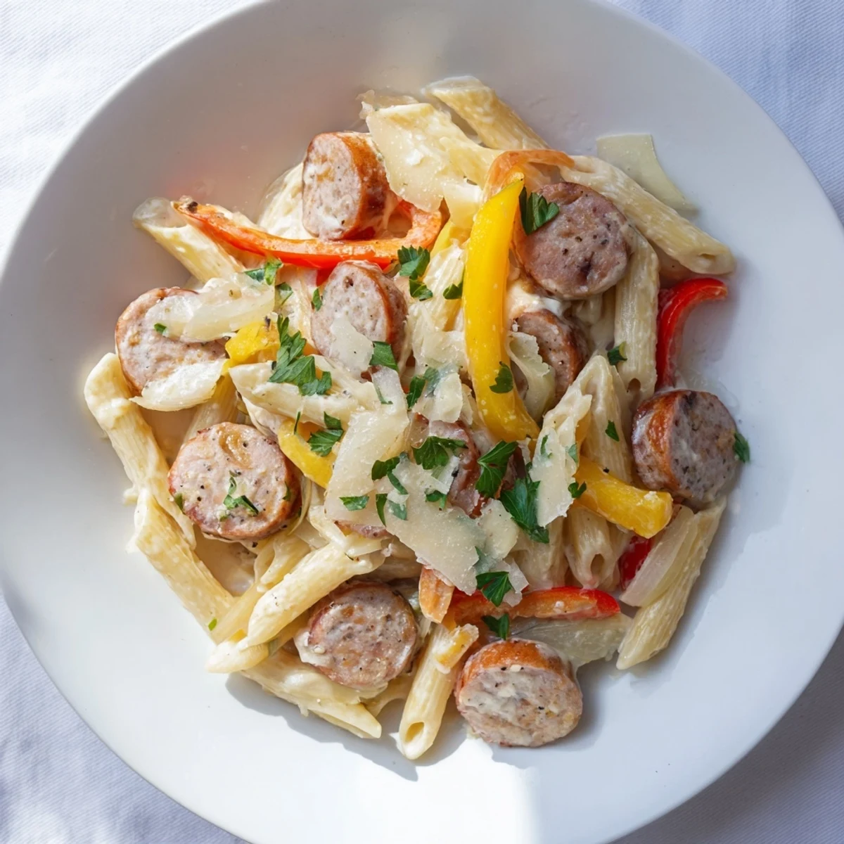 Golden-hued Cajun Spiced Smoked Sausage Alfredo, offering a comforting dinner of saucy pasta.