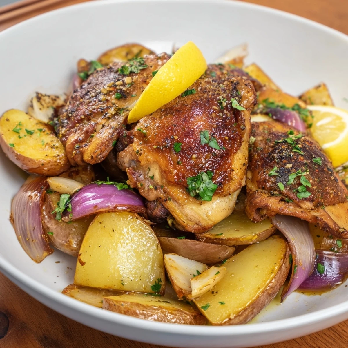 Sheet-pan Greek Lemon Chicken and Potatoes: tender chicken alongside roasted potatoes, all infused with bright lemon flavors.