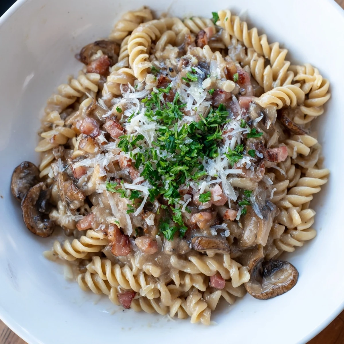 Fusilli with bacon, onions, and mushrooms, a close-up showing perfectly cooked pasta and savory ingredients.