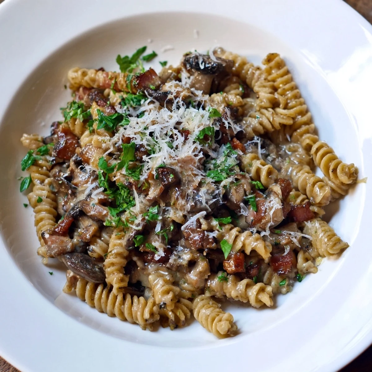 A steaming bowl of fusilli with bacon, onions, and mushrooms, ready to enjoy with Parmesan cheese.