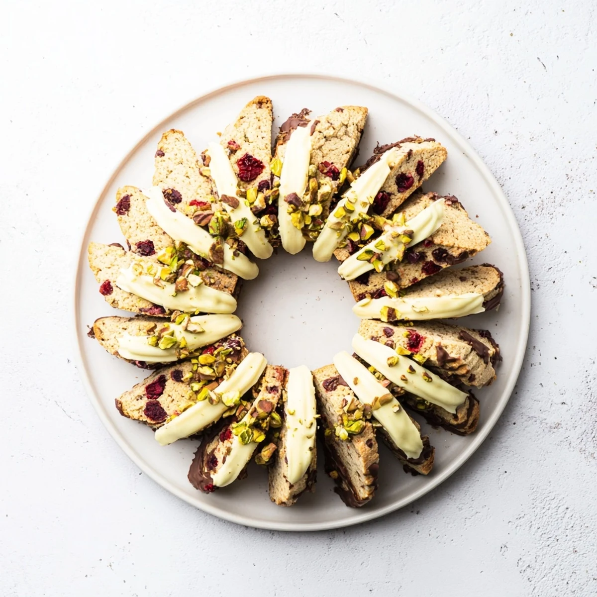 Golden-baked White Chocolate Cranberry Pistachio Biscotti drizzled with melted white chocolate, a festive treat.