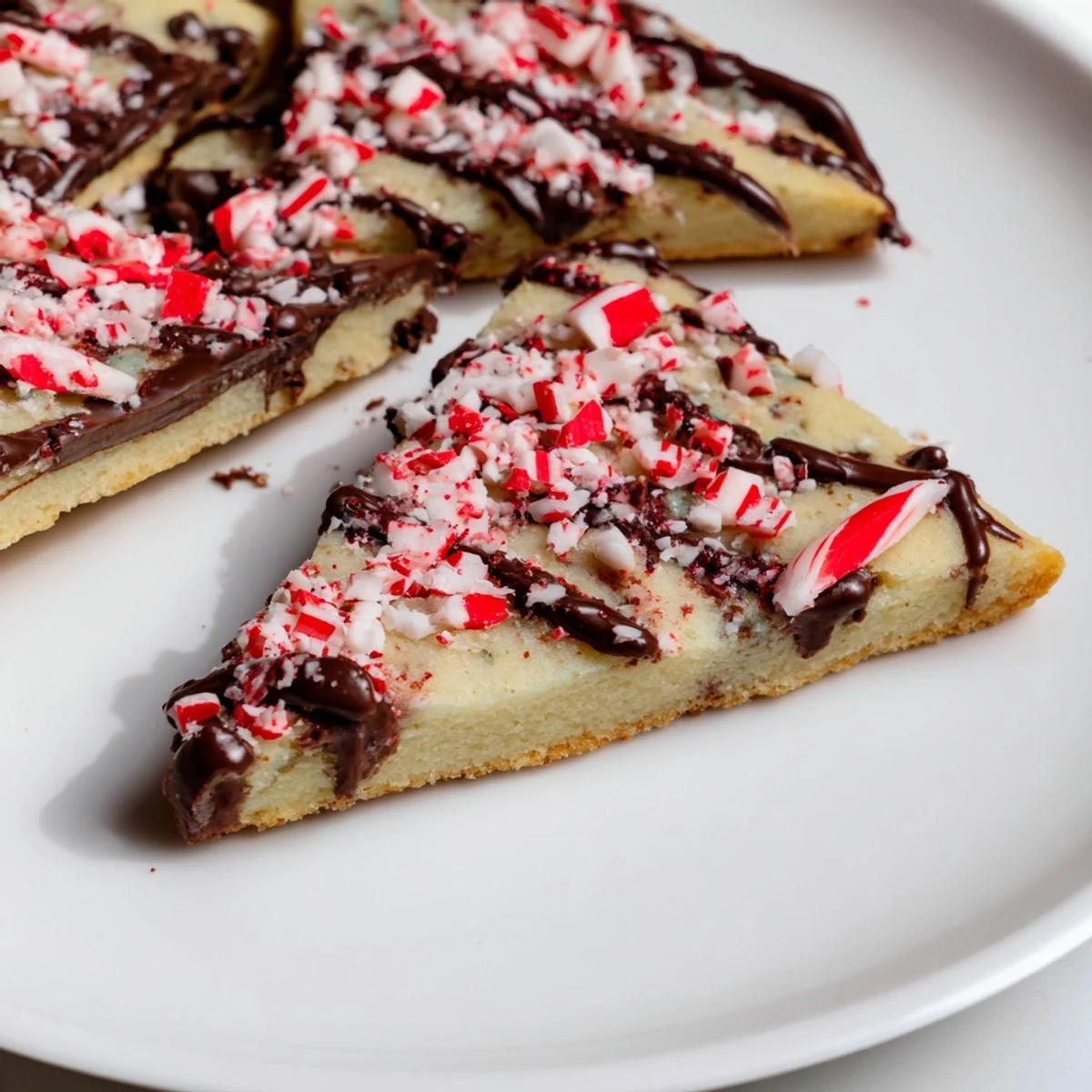 Chocolate peppermint shortbread wedges, a festive treat drizzled with rich chocolate and peppermint crunch.