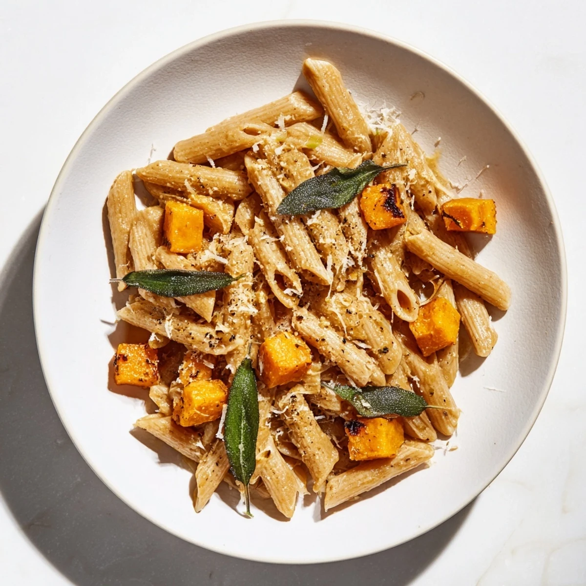 Golden brown butter pasta with butternut squash; a vegetarian feast ready to serve.