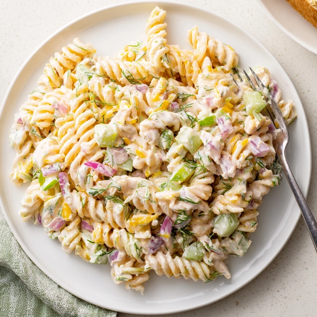Creamy Dill Pickle Pasta Salad with cheddar and fresh dill, ready to serve at a summer picnic.