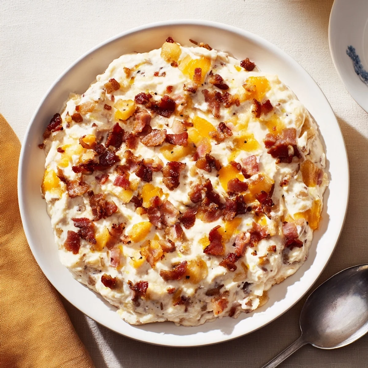 Close-up of creamy Caramelized Onion and Bacon Dip, a party appetizer with golden onions and crispy bacon bits.