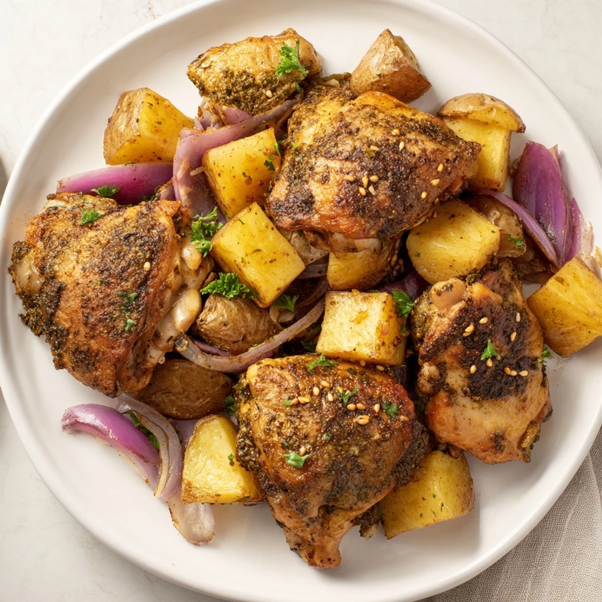 Crispy pan-roasted zaatar chicken and potatoes with golden potatoes, ready for digging in.