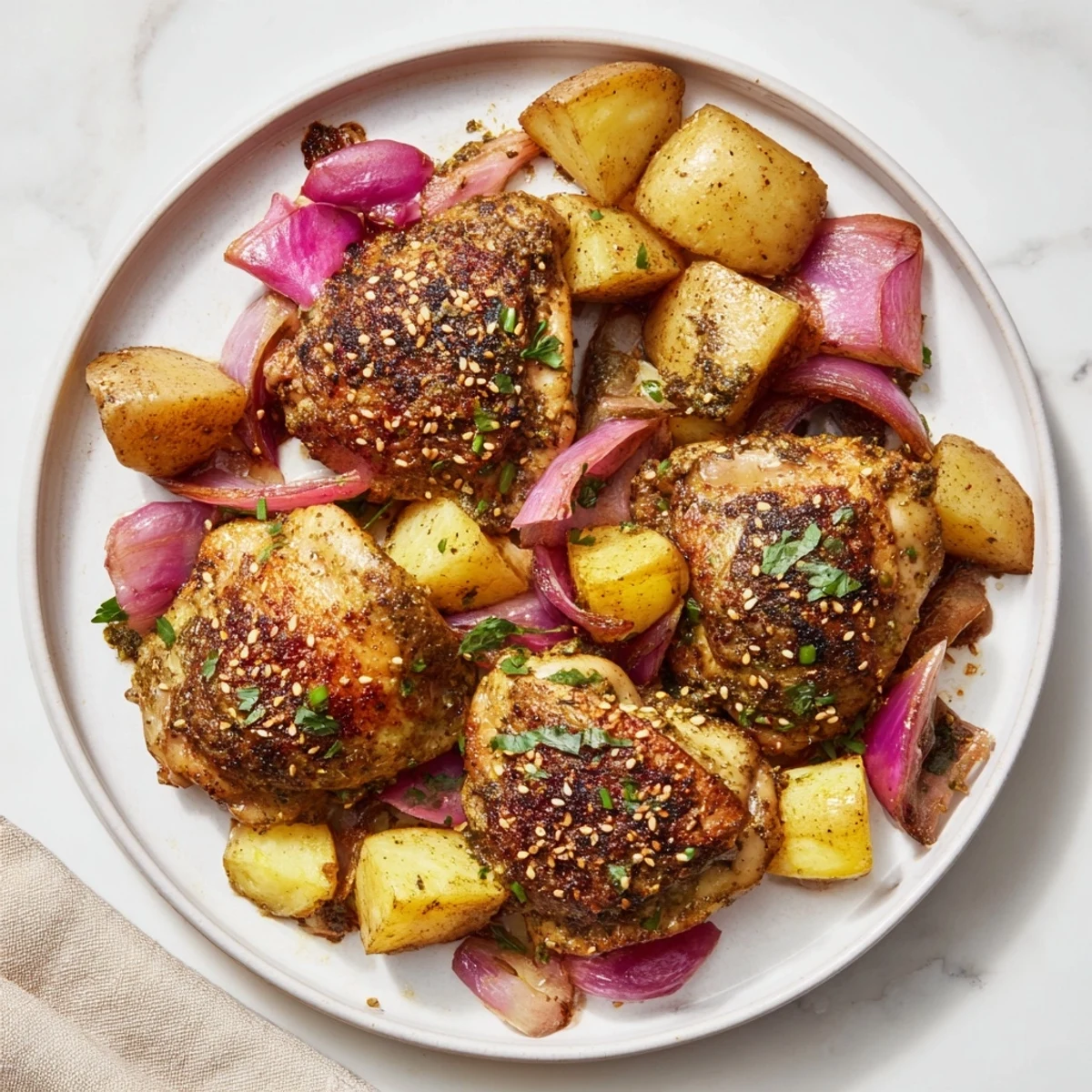 A delicious overhead shot: flavorful pan-roasted zaatar chicken and potatoes, glistening from roasting.