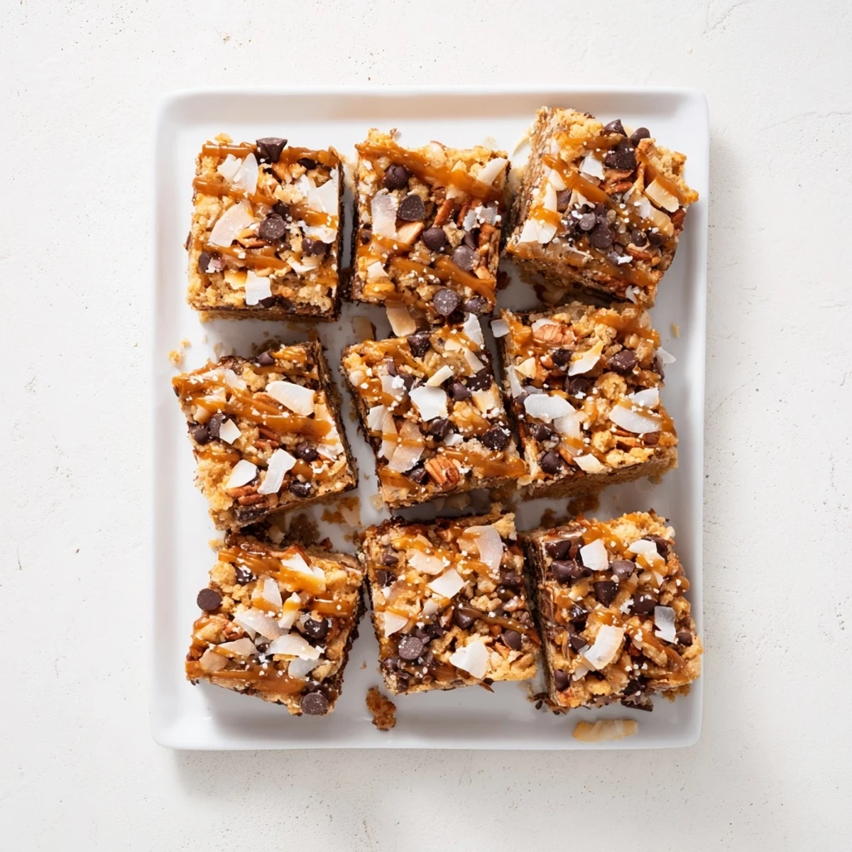 Golden brown 7-Layer Magic Bars, drizzled with sea salt caramel ready to be served.