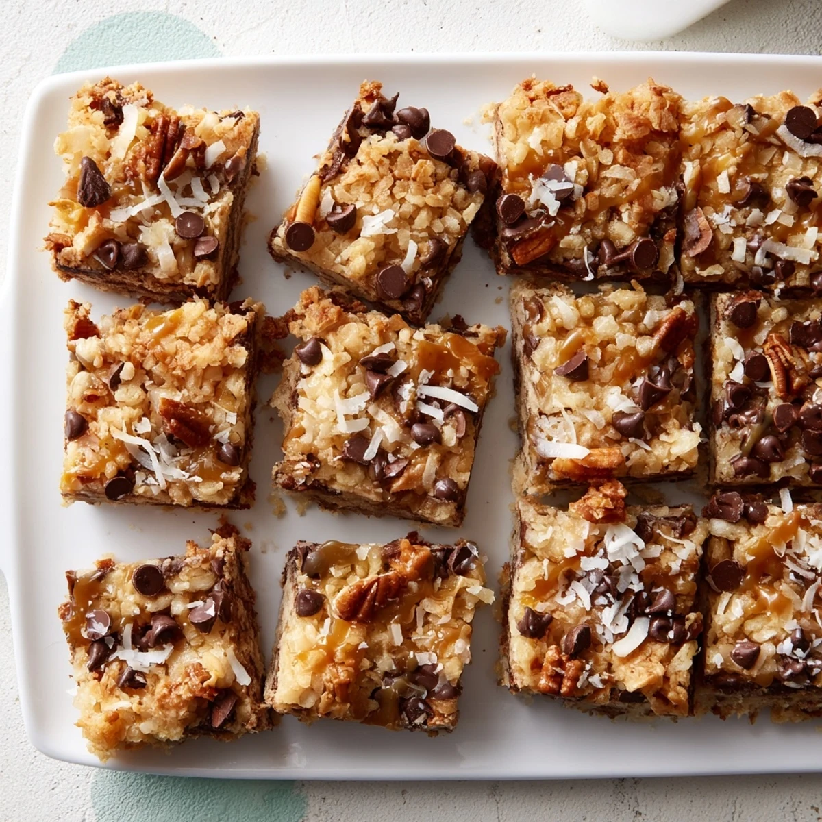 Homemade 7-Layer Magic Bars, warm from the oven, with a glistening caramel drizzle.