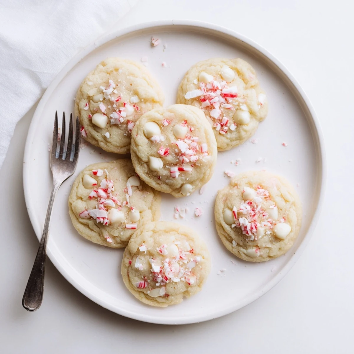 Perfectly baked White Chocolate Peppermint Bark Cookies, sprinkled with festive candy pieces and drizzled with melted white chocolate.
