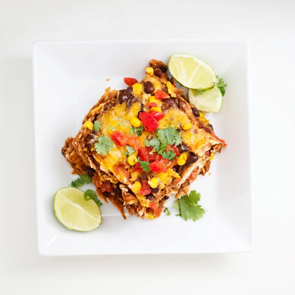 Quick Black Bean and Corn Tortilla Casserole bubbling with melted cheese and fresh salsa, ideal for dinner.