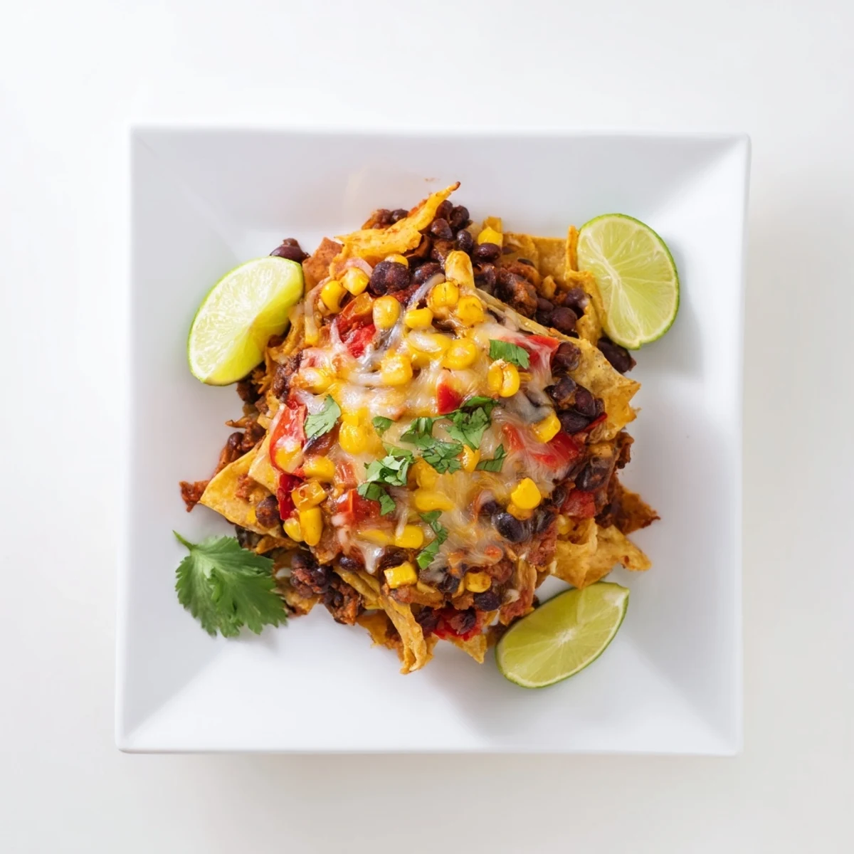 Close-up of a cheesy, bubbly Quick Black Bean and Corn Tortilla Casserole, garnished with fresh cilantro and avocado.