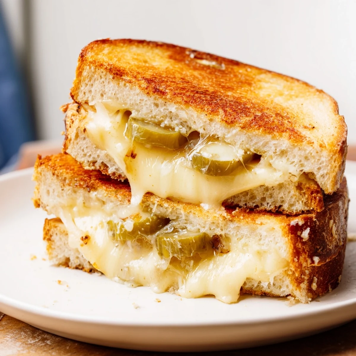 Golden brown Gooey Pickle Grilled Cheese sandwich oozing melted cheese, ready to be enjoyed.