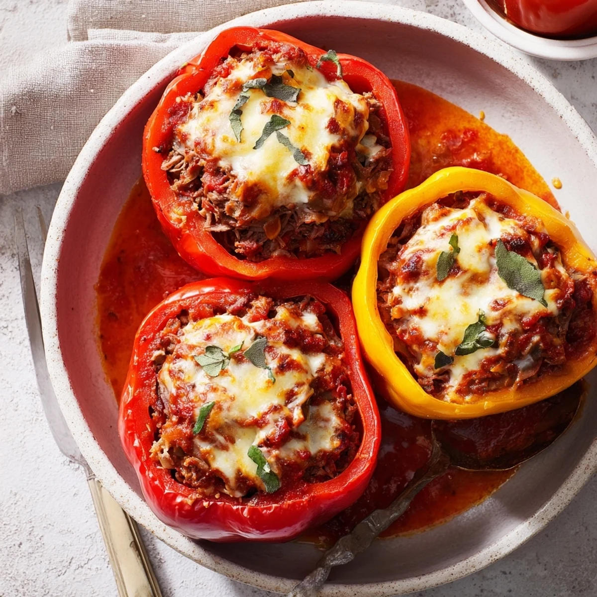A vibrant photo showcasing hearty Sloppy Joe Stuffed Bell Peppers baked with melted cheddar cheese.