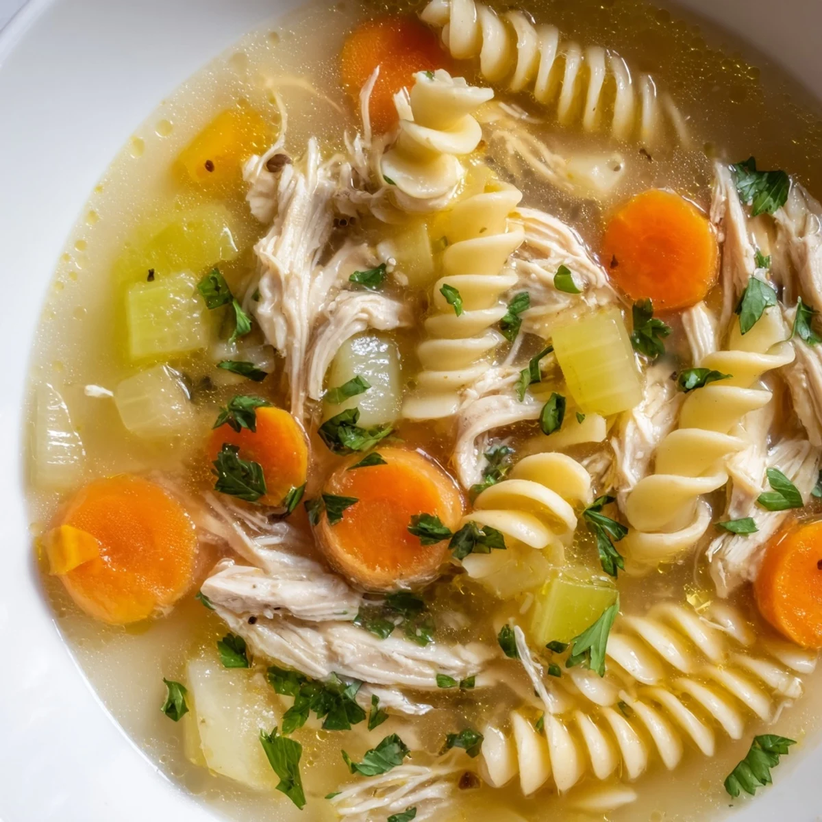 Steaming bowl of Crockpot Chicken Noodle Soup: a comforting American classic with tender chicken.