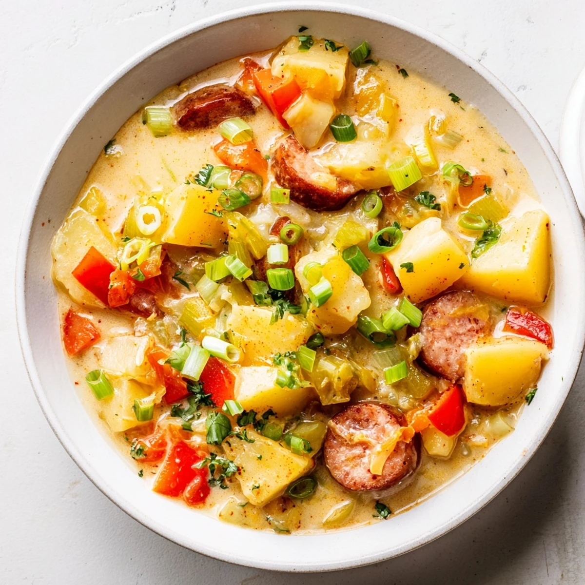 A steaming bowl of comforting Slow Cooker Cajun Potato Soup with visible chunks of tender potatoes.