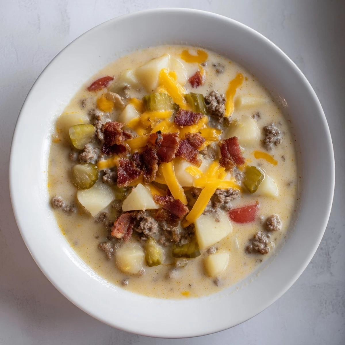Crockpot Cheeseburger Soup: A steaming bowl of creamy soup topped with crispy bacon and melted cheddar.