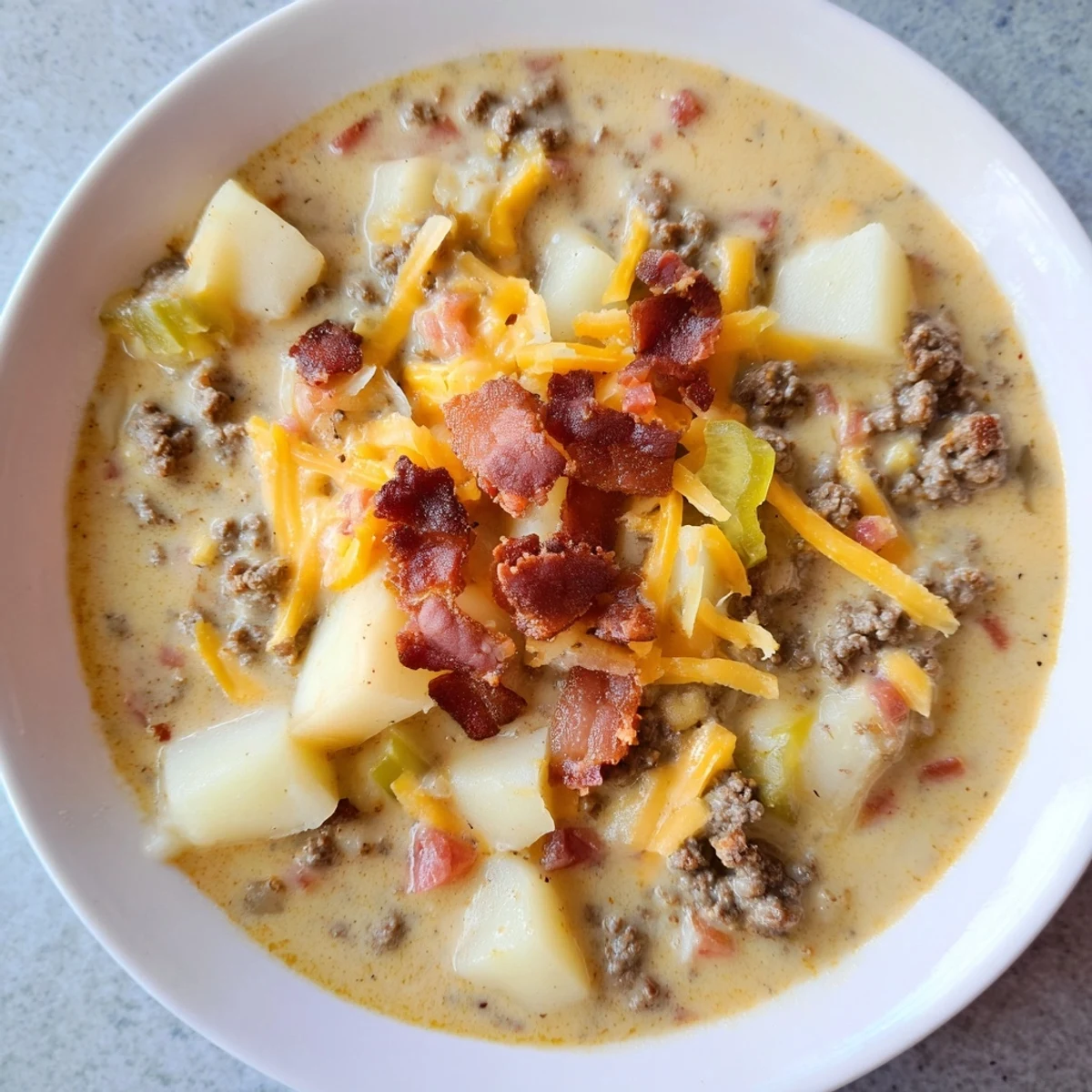 Hearty Crockpot Cheeseburger Soup overflowing with melted cheese, savory beef, and soft, tender potatoes.