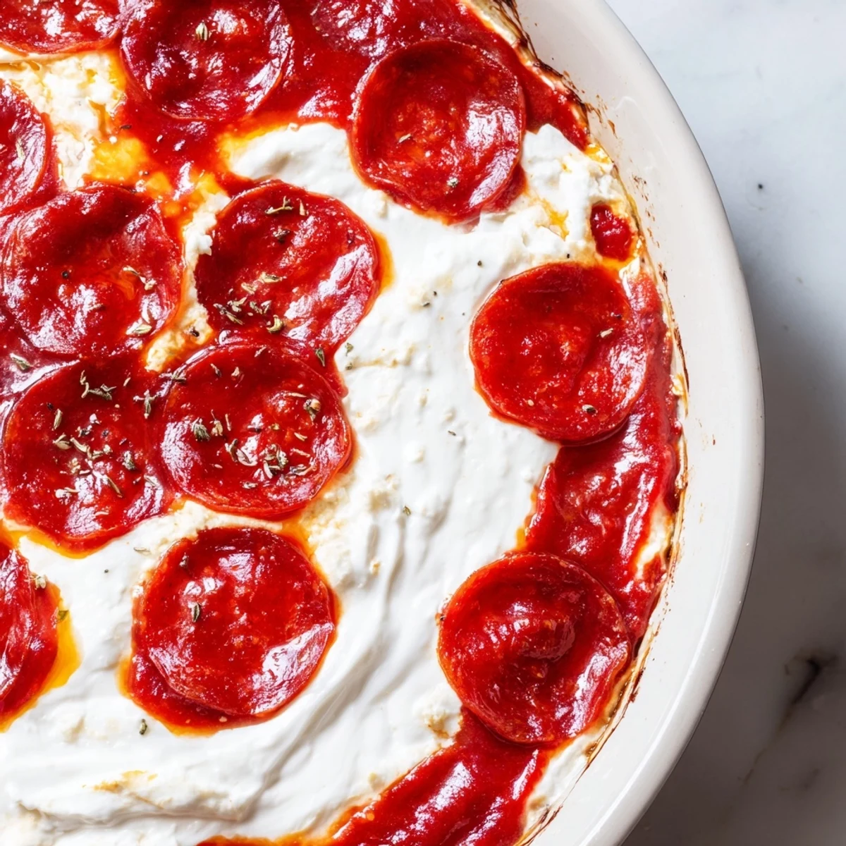 Melted mozzarella bubbling on top of a warm, cheesy pizza dip with crispy pepperoni.