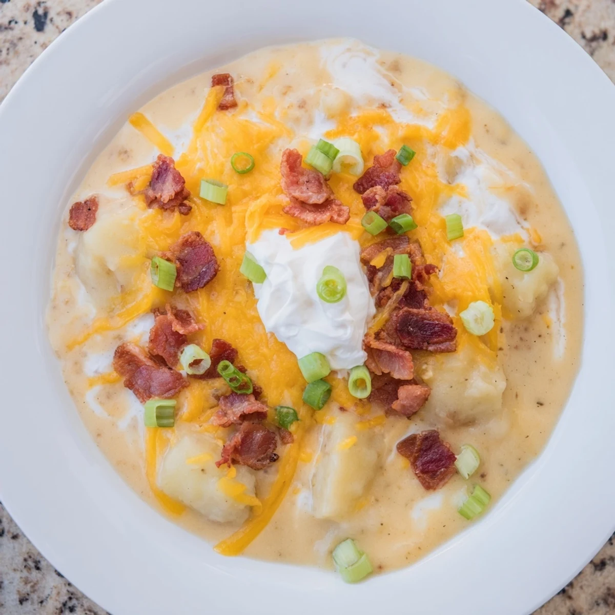 Creamy loaded Crockpot Baked Potato Soup topped with crumbled bacon and fresh green onions, ready to be devoured.