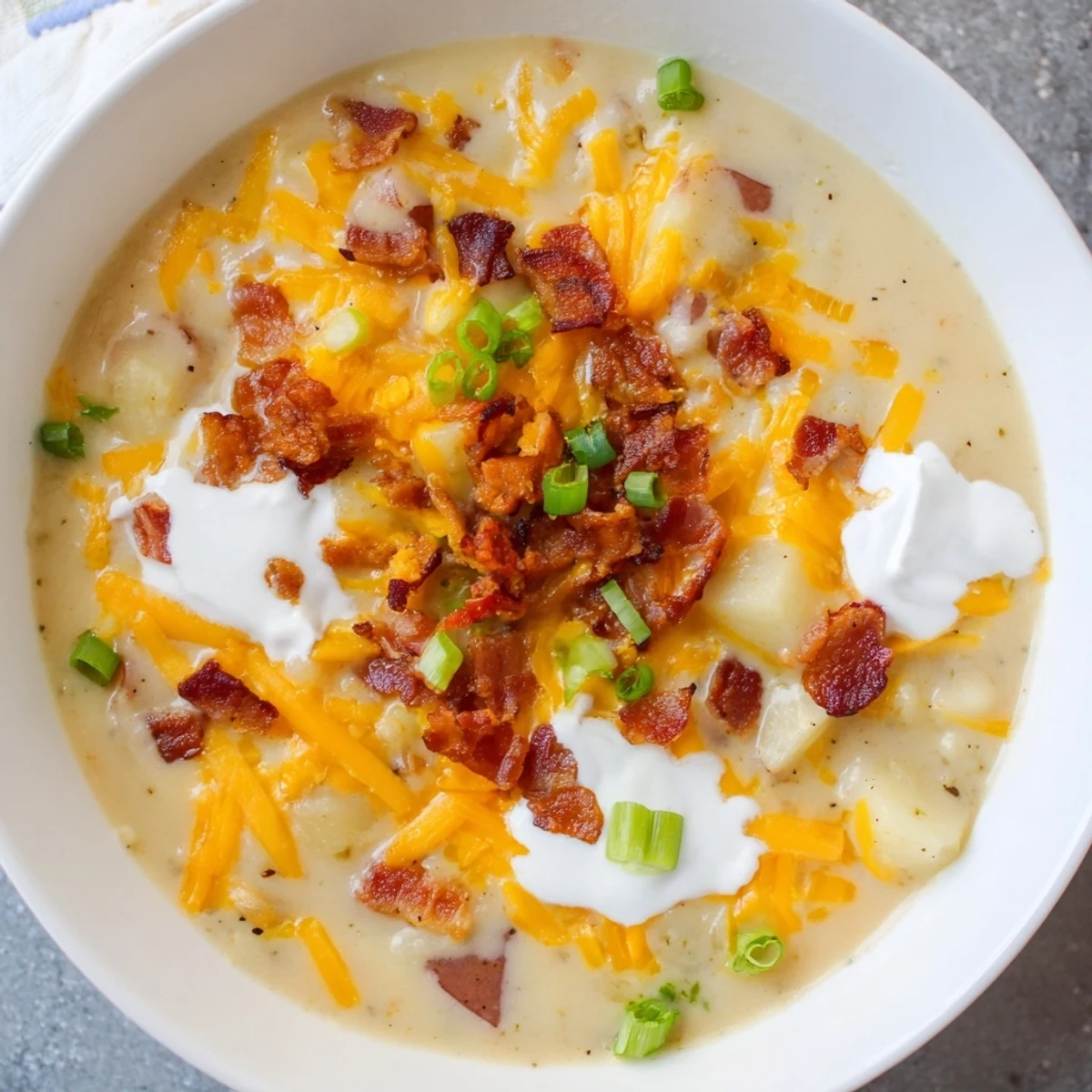 A steaming ladle of Crockpot Loaded Baked Potato Soup, boasting tender potatoes and a cheesy, delicious aroma.
