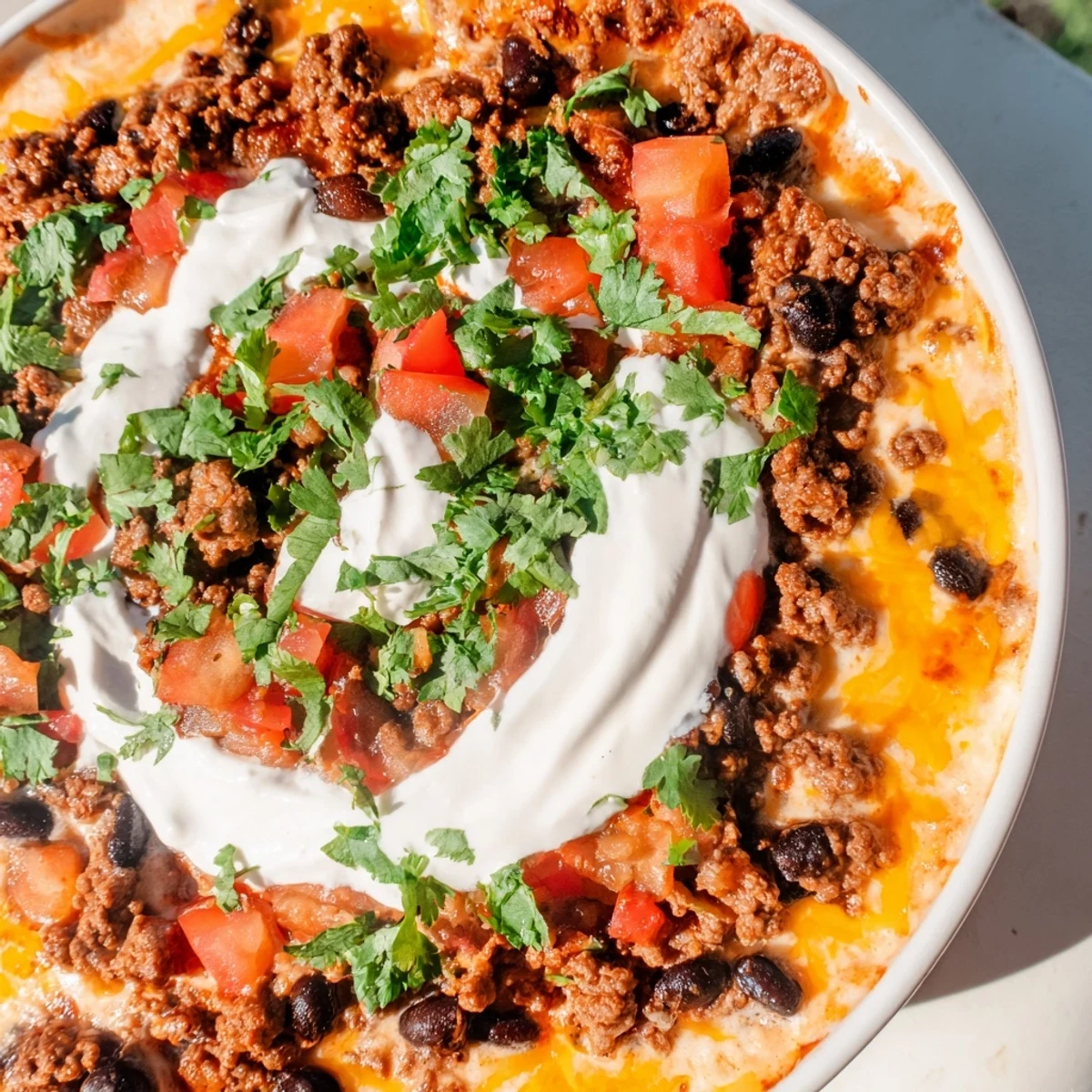 Creamy, bubbling slow cooker cream cheese taco dip, ready to be scooped up with crispy tortilla chips.