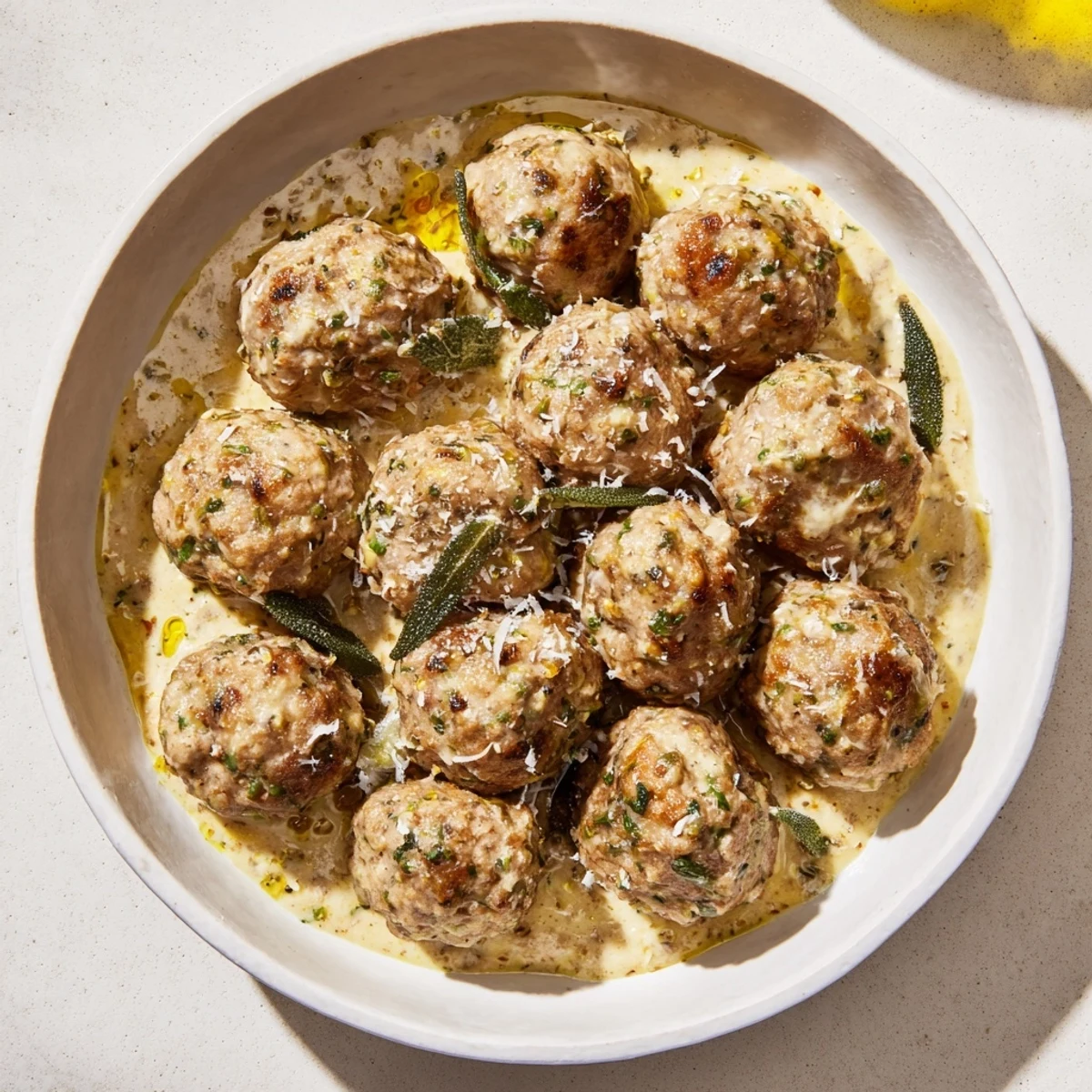 Creamy pumpkin sage sauce coats juicy turkey meatballs, a comforting, delicious meal idea.