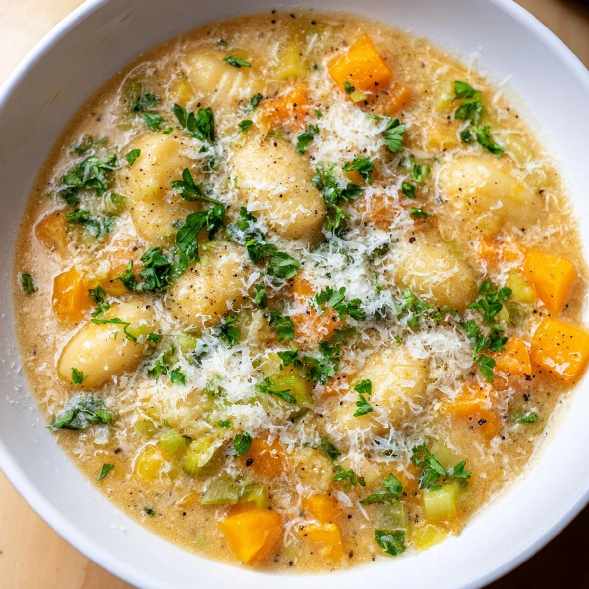 Steaming bowl of Savory Butternut Squash Gnocchi Soup, garnished with vibrant green parsley and Parmesan.