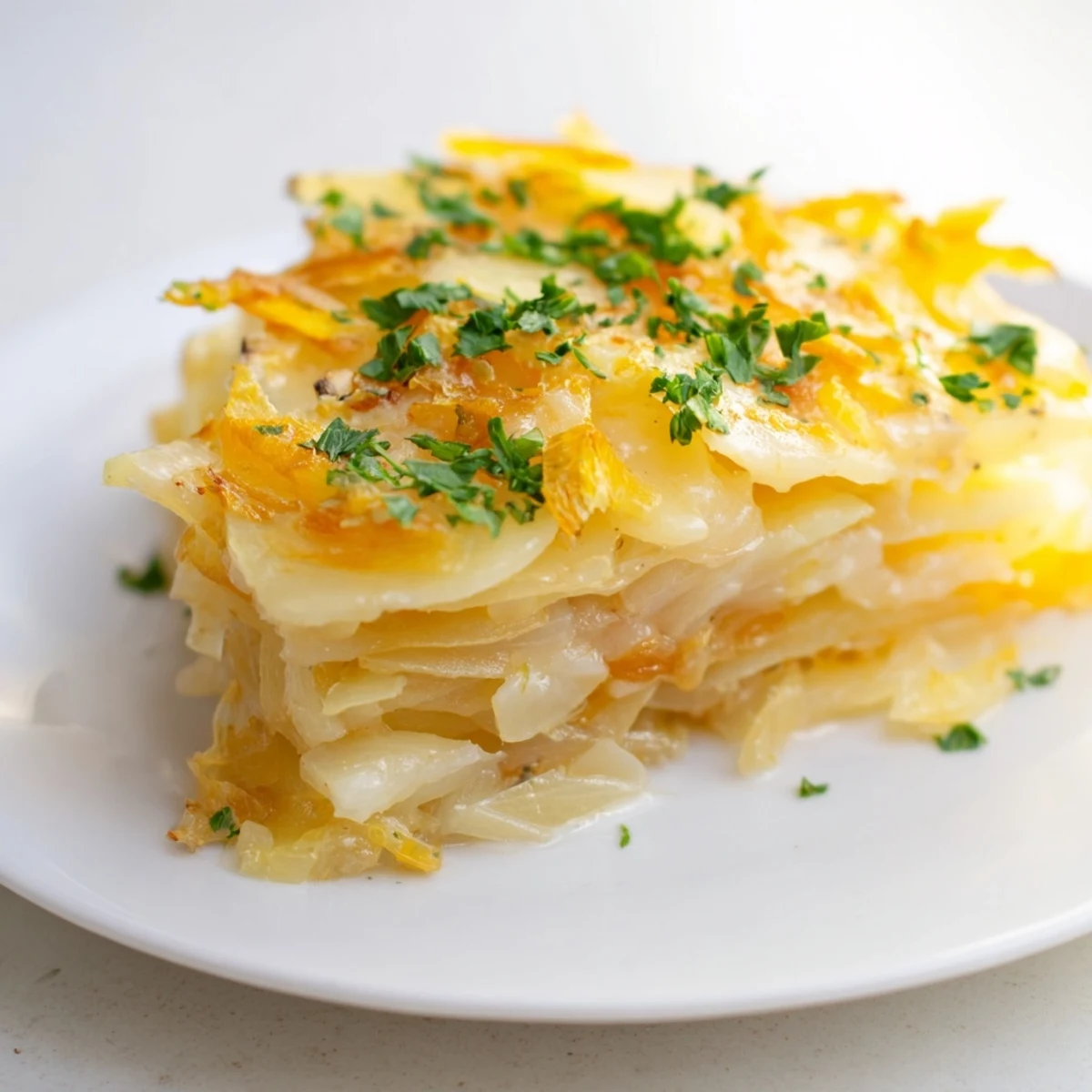 Golden crust of Budget-Friendly Potato Layer Bake, showcasing tender potato slices and bubbling cheese.