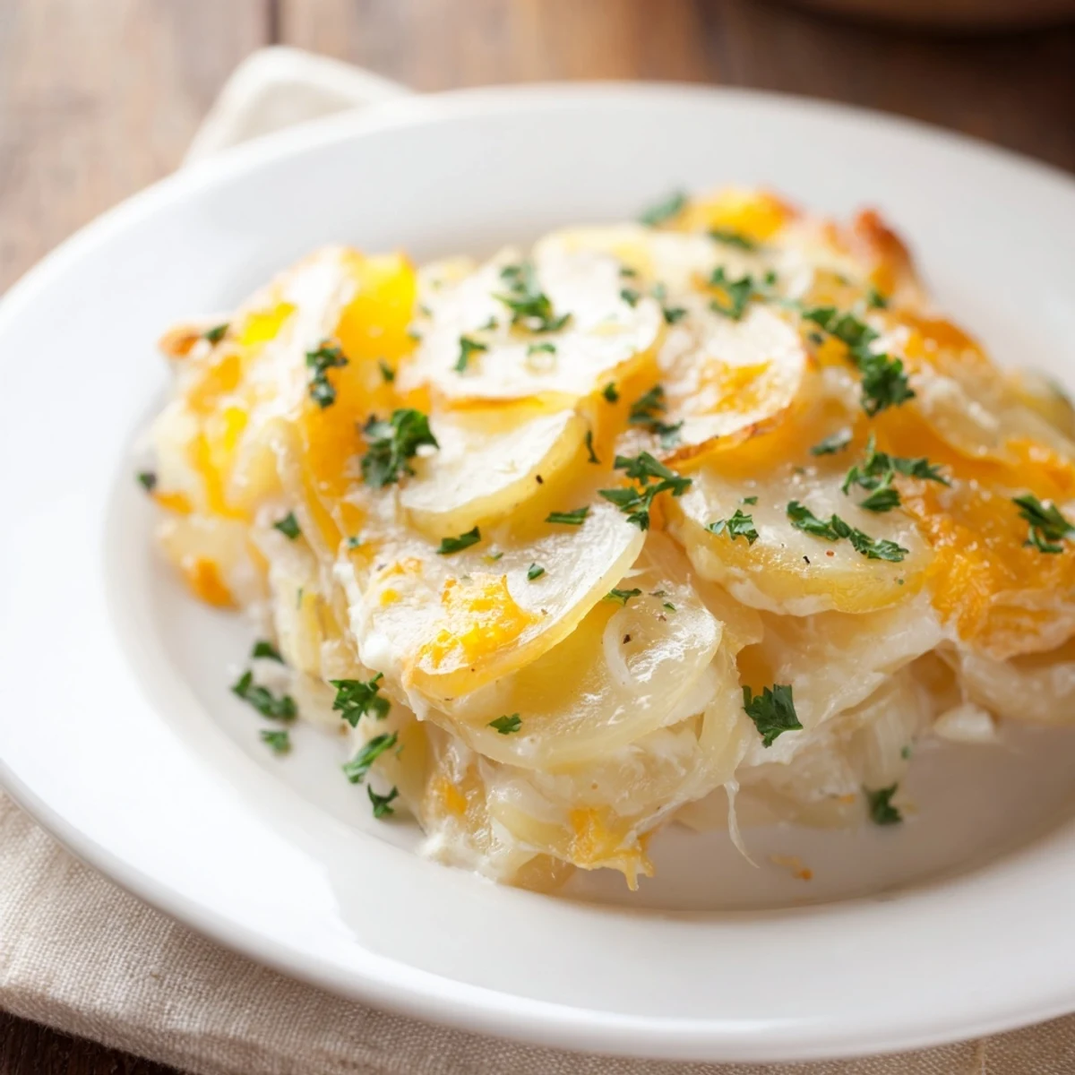 A warm, delicious serving of Budget-Friendly Potato Layer Bake, with herbs adding freshness to each bite.