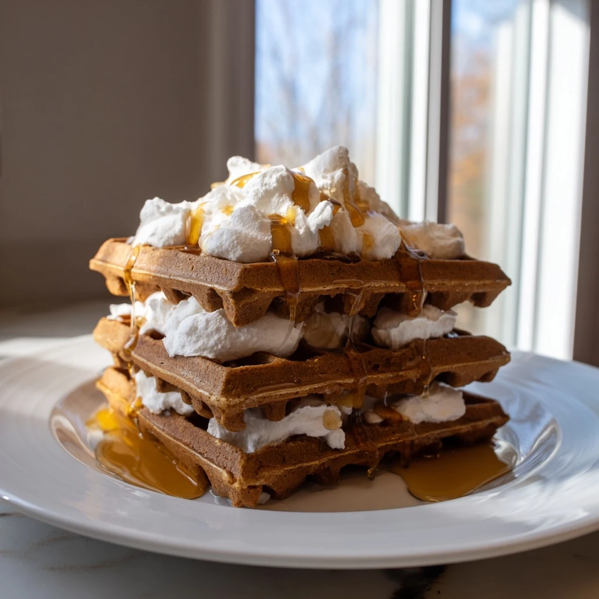 Warm gingerbread waffle stacks, stacked tall with whipped cream, ready for maple syrup.