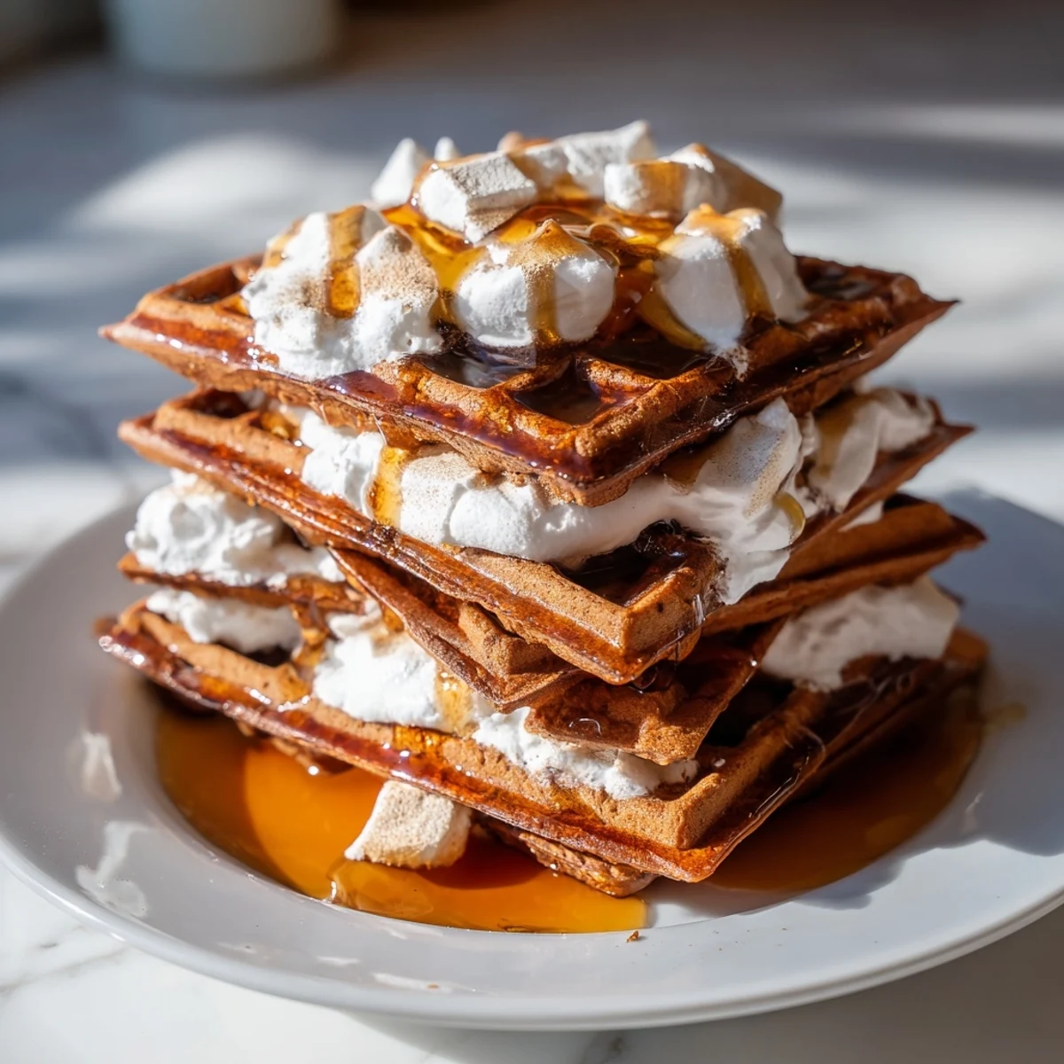 Golden, crisp gingerbread waffle stacks, lightly spiced, piled high and ready to enjoy with a fork.