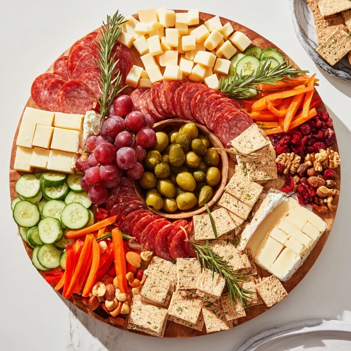 Festive "Simplified Grazing Board Wreath" featuring colorful cheeses, charcuterie, and fresh produce displayed beautifully.