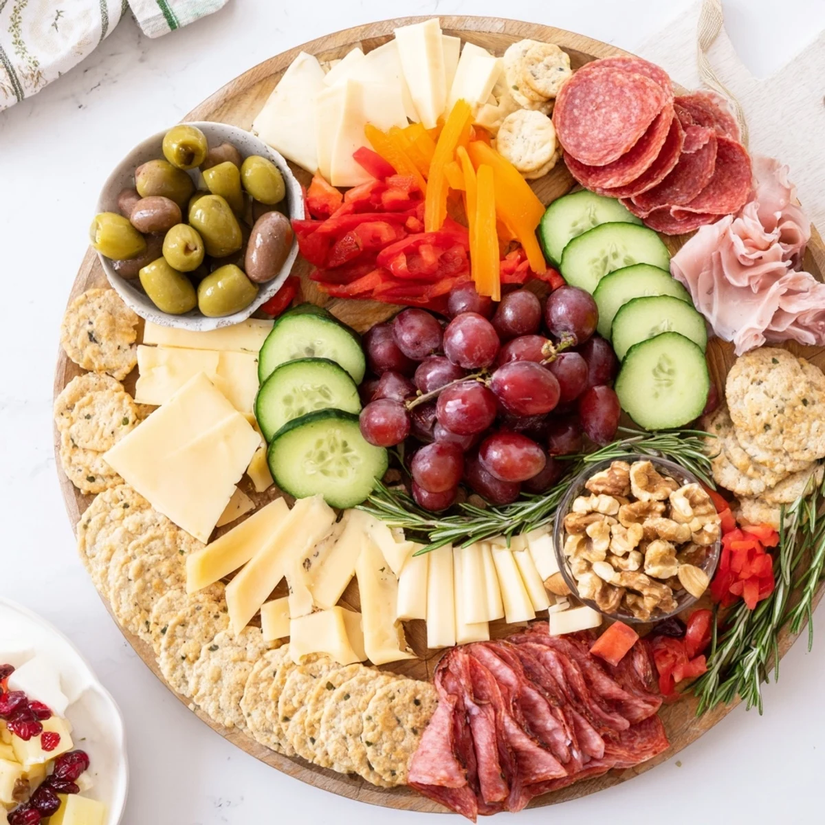A close-up of a delicious Simplified Grazing Board Wreath overflowing with holiday appetizer favorites.