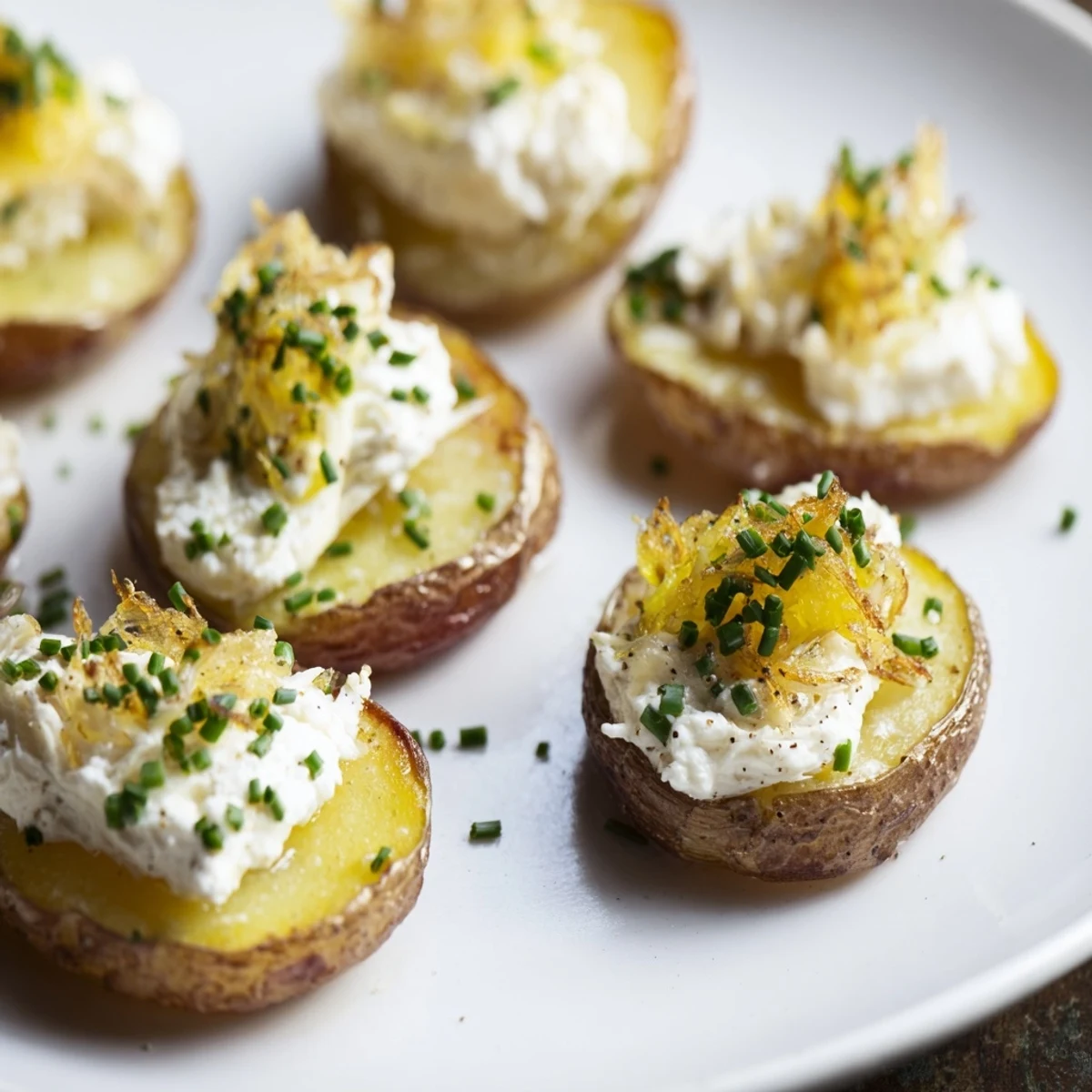 Golden, roasted potato bites topped with creamy cheese and caramelized onions are Lightened French Onion Potato Bites.