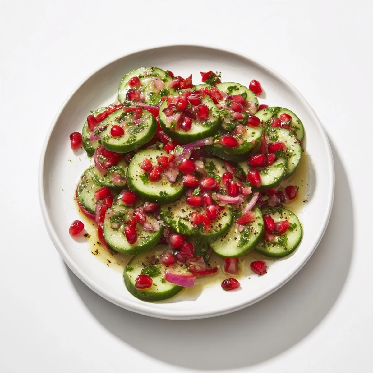 Festive Healthy Cucumber Christmas Salad with vibrant red bell peppers and juicy pomegranate seeds ready to serve.