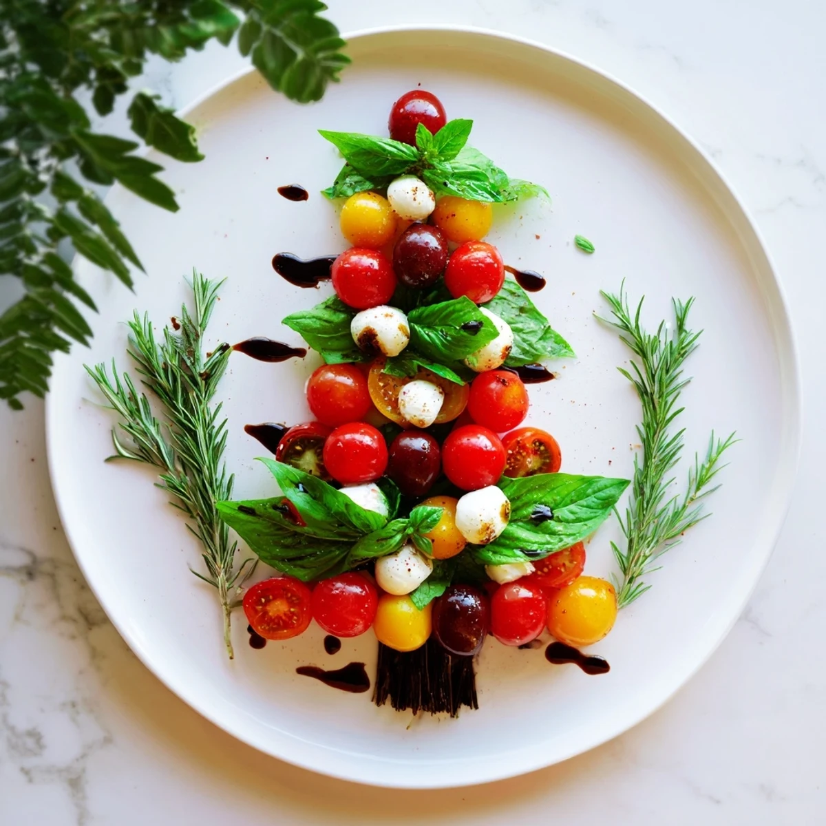 Easy Christmas Tree Caprese Skewers arranged on a platter, showcasing fresh basil, mozzarella, and juicy tomatoes.
