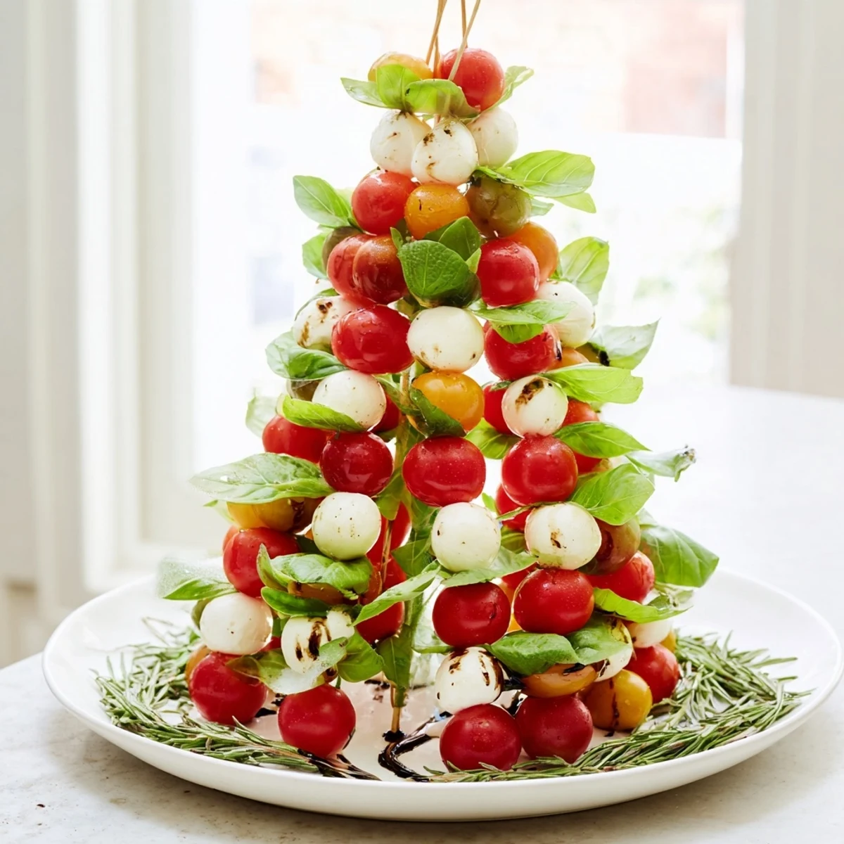 Enjoy the festive presentation of Easy Christmas Tree Caprese Skewers, a delightful holiday appetizer drizzled with glaze.