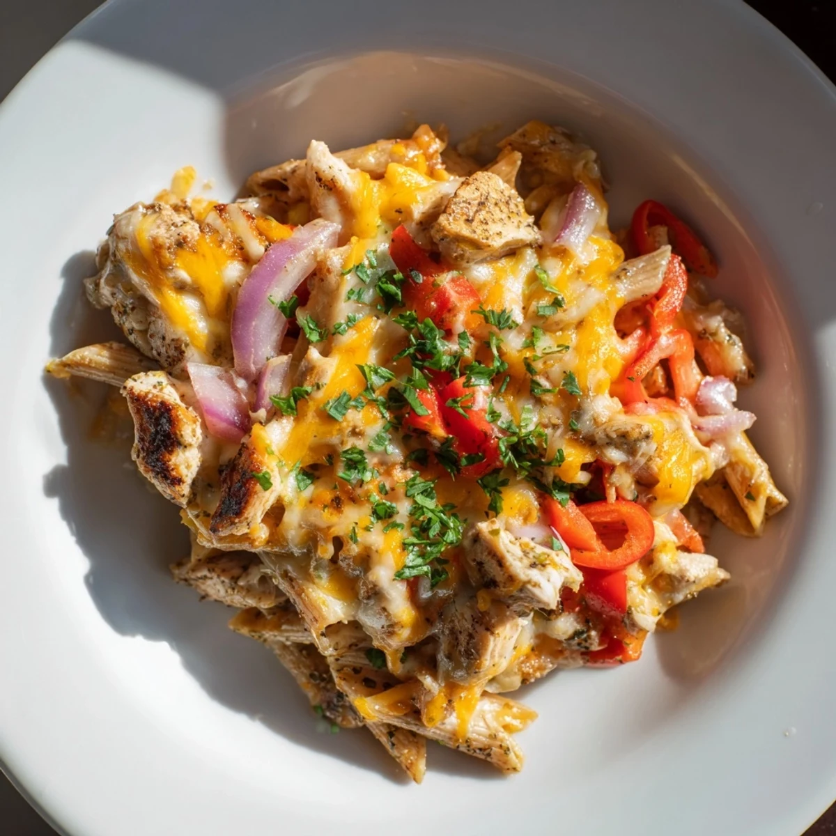 Steaming Baked Salsa Chicken Pasta, bubbly cheese, and savory sauce, ready for serving tonight.
