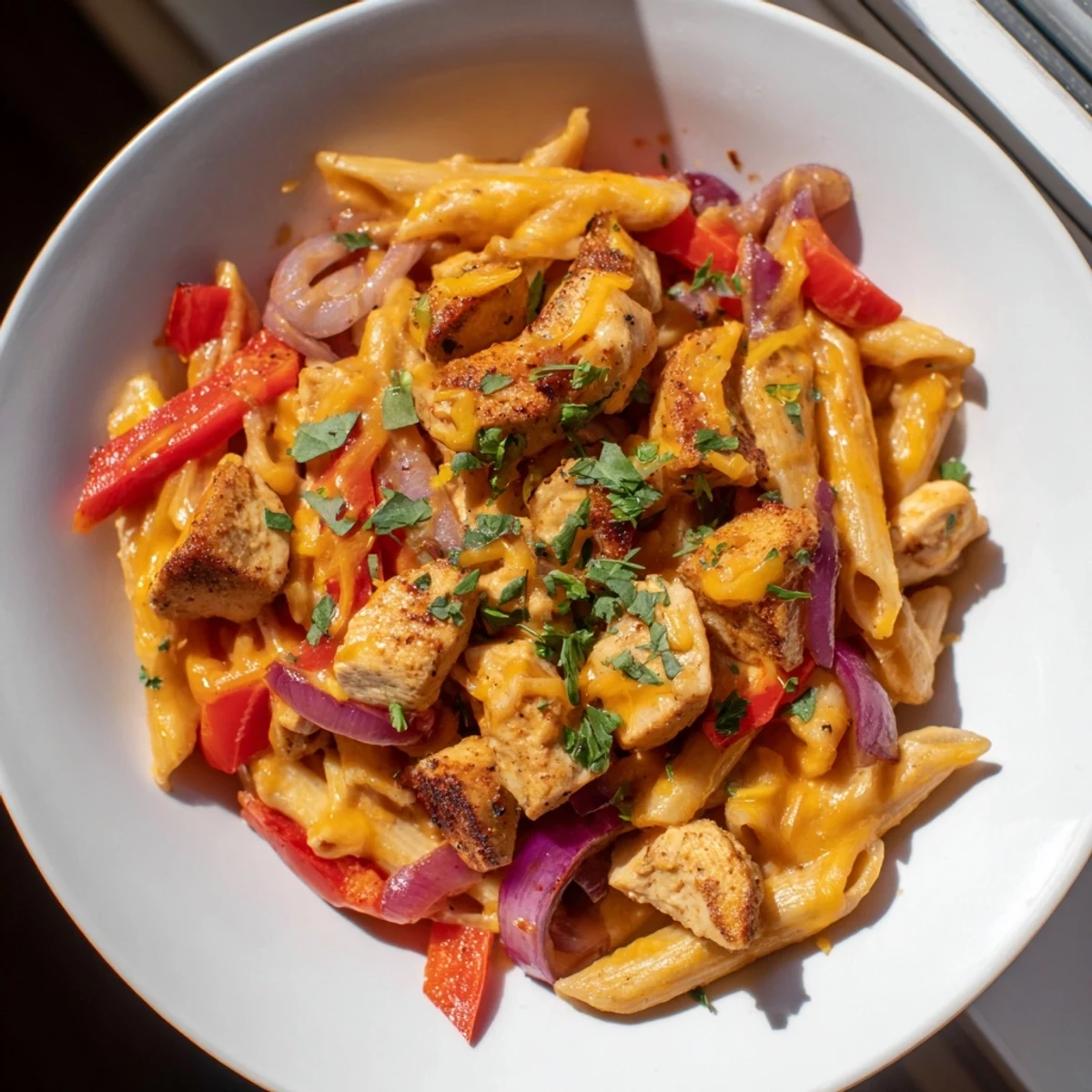 A close-up of a casserole: cheesy Baked Salsa Chicken Pasta with diced vegetables and tender chicken.
